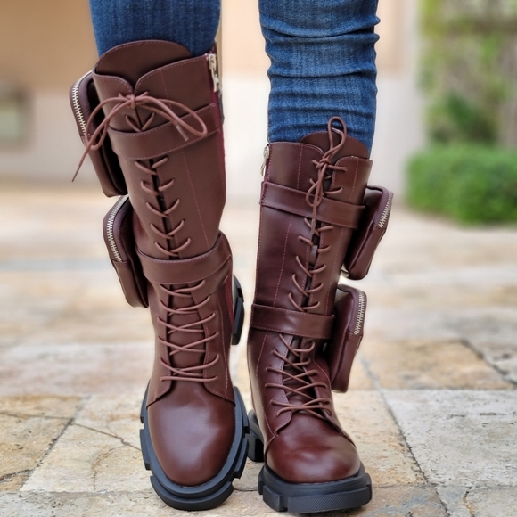 Wine Lace Up Combat Boots Lug Sole Removable Pouch for Women - Picture 2 of 5